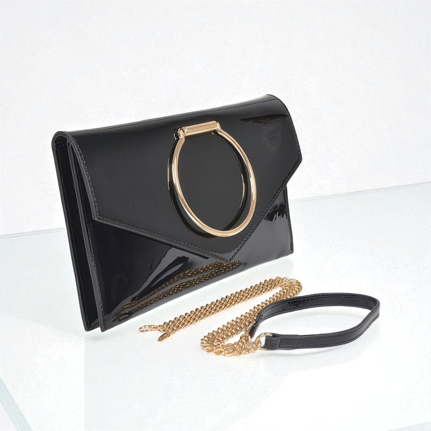 Enamel Faux Leather Metal Handle Flap Clutch