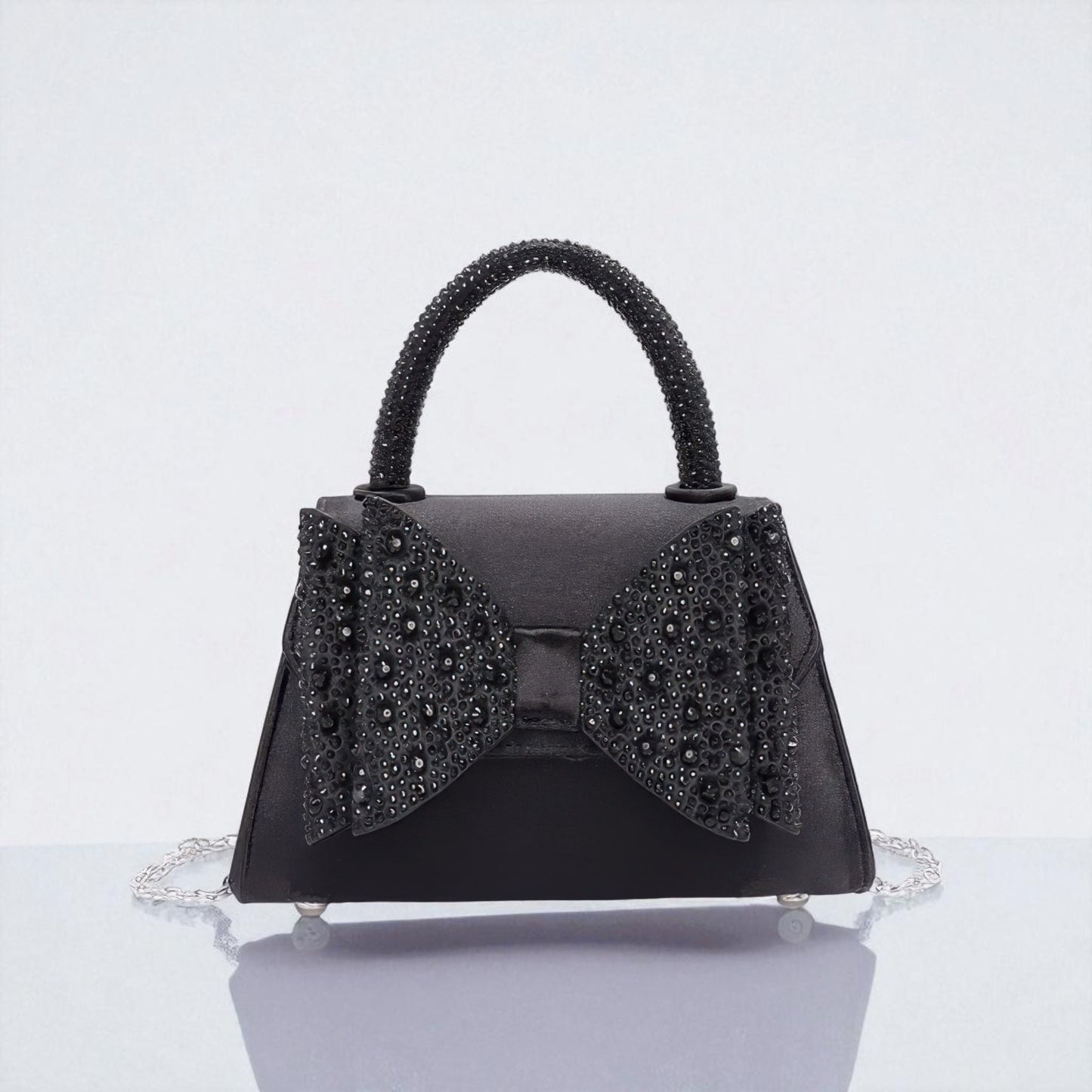Rhinestone Ribbon Top Handle Satin Flap Bag