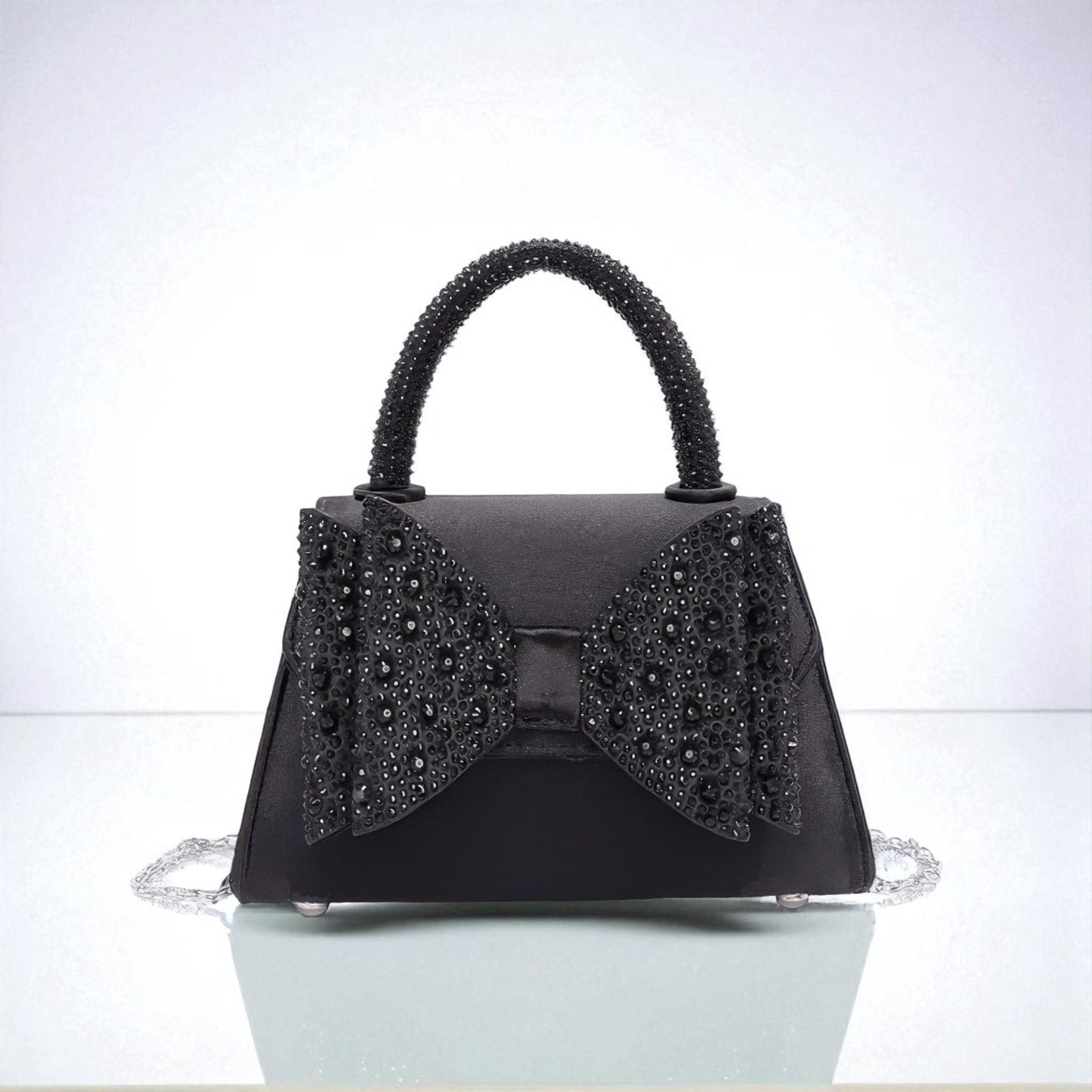 Rhinestone Ribbon Top Handle Satin Flap Bag