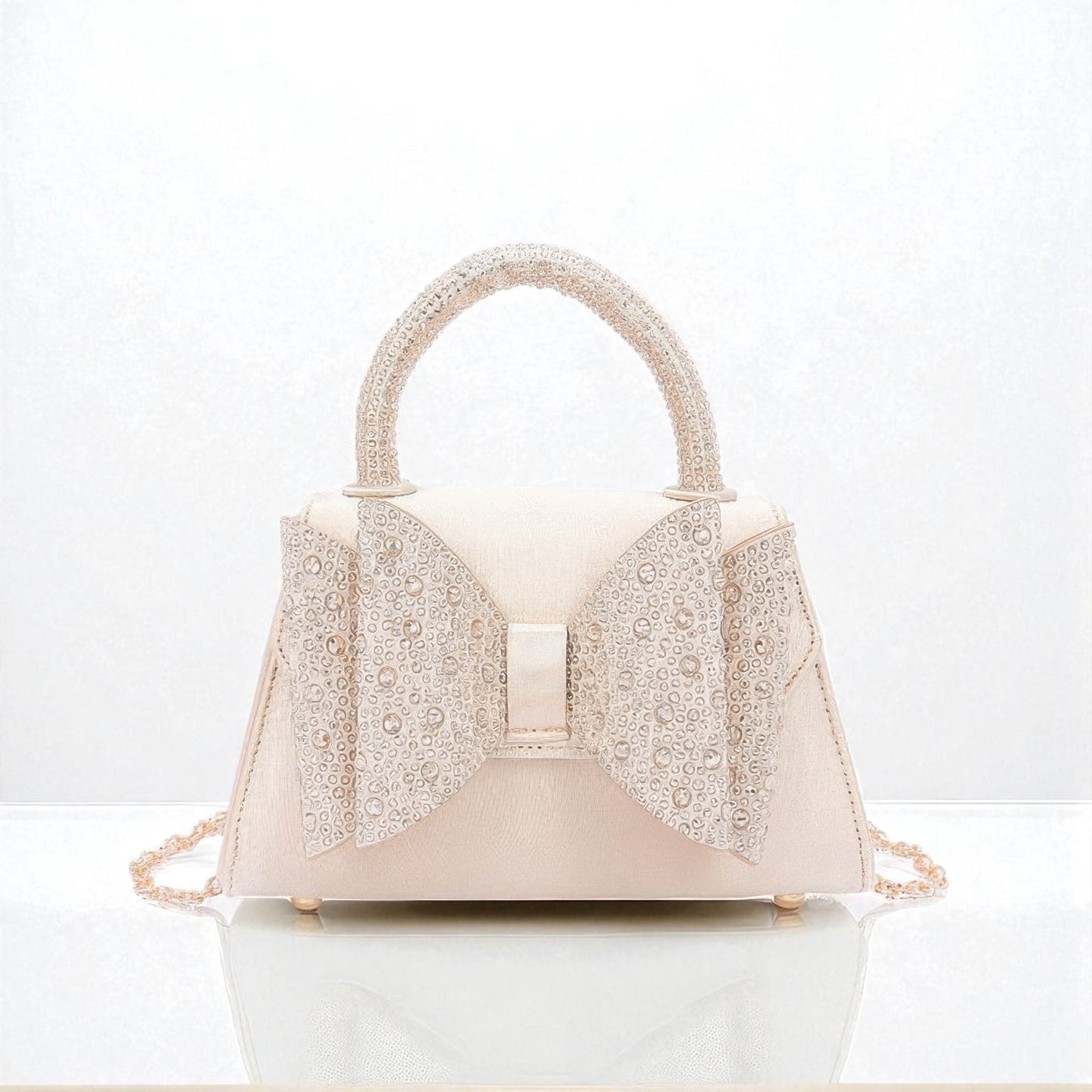 Rhinestone Ribbon Top Handle Satin Flap Bag