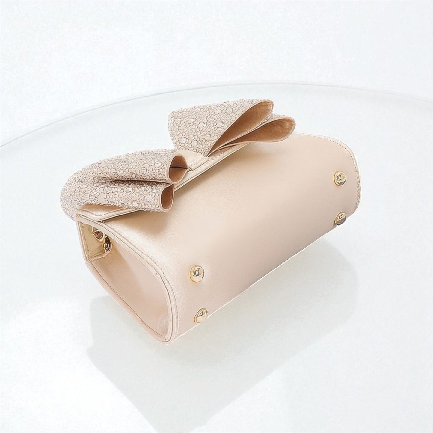 Rhinestone Ribbon Top Handle Satin Flap Bag