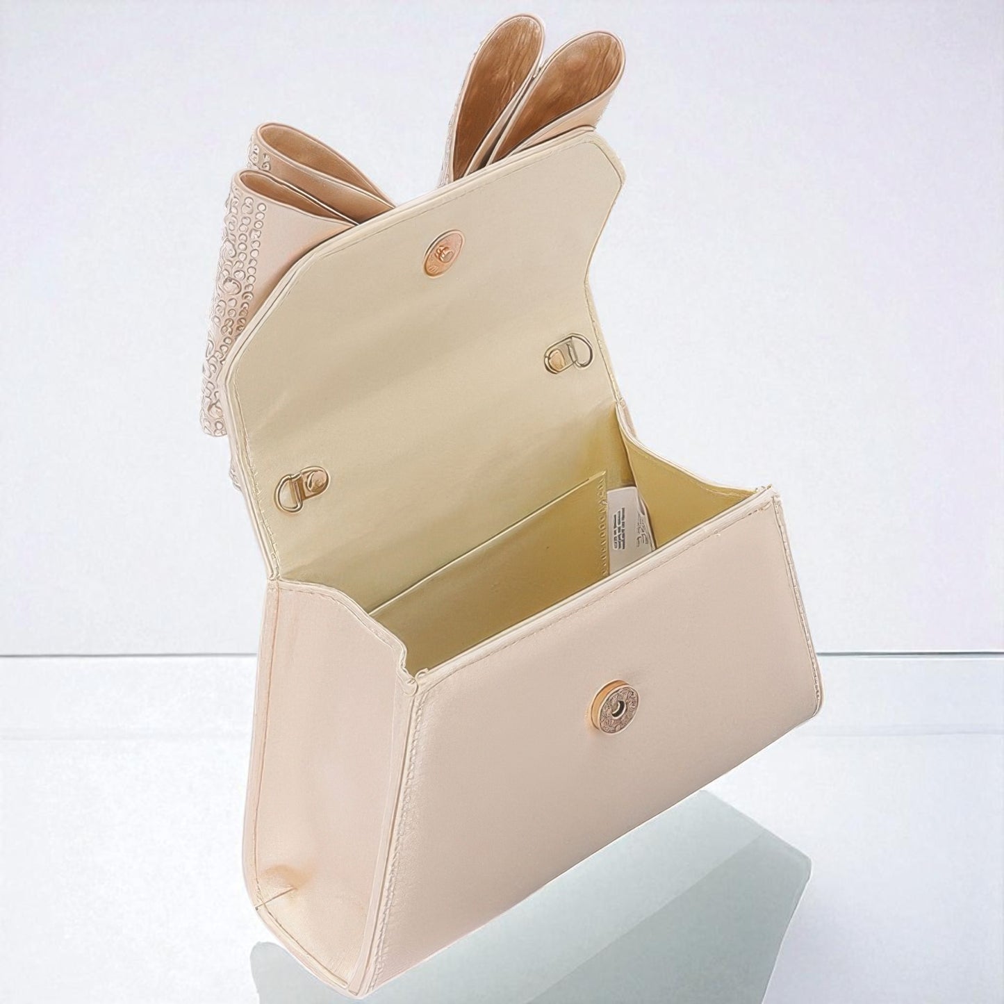 Rhinestone Ribbon Top Handle Satin Flap Bag
