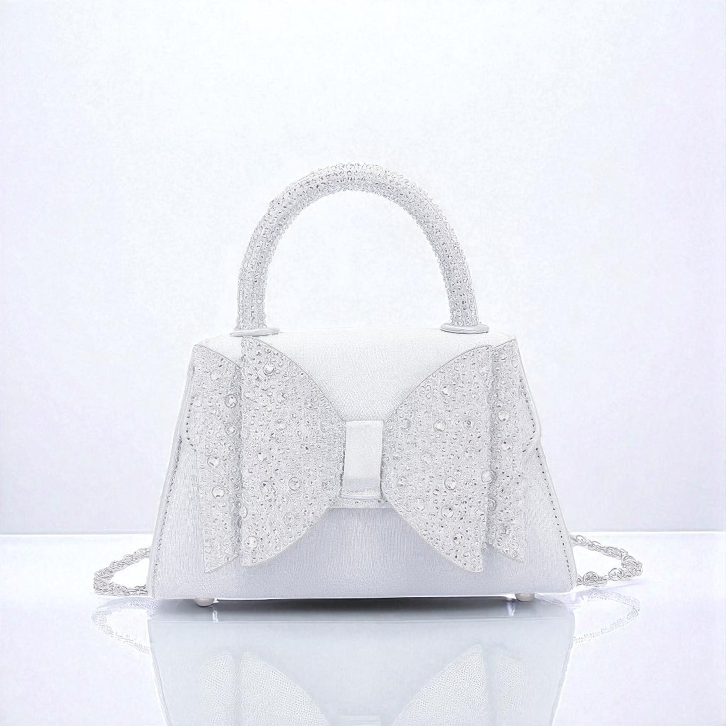 Rhinestone Ribbon Top Handle Satin Flap Bag