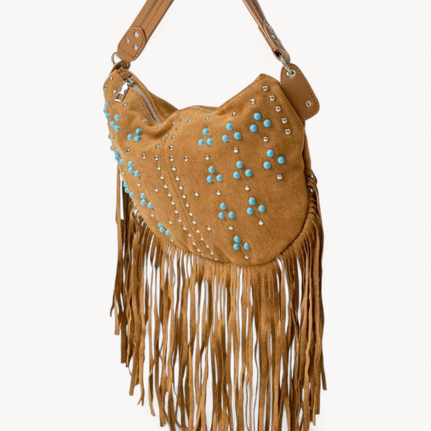 Brown suede handbag with fringe and turquoise studs on a white background