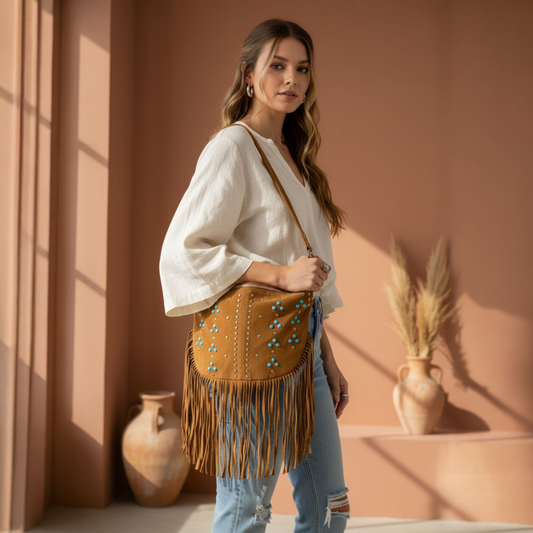 Woman holding a brown fringed handbag in a warm-toned room with decorative vases.