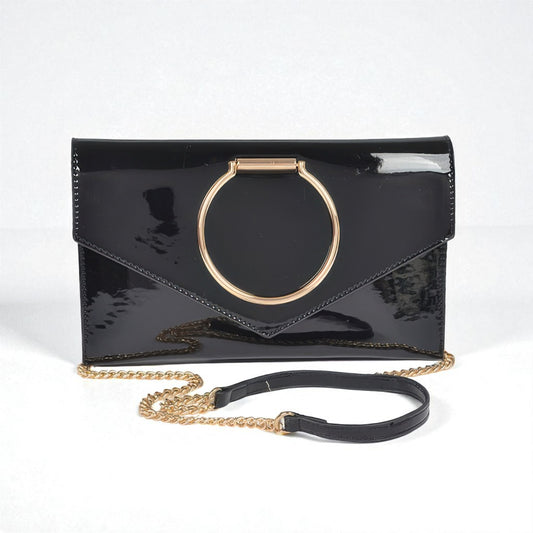 Enamel Faux Leather Metal Handle Flap Clutch