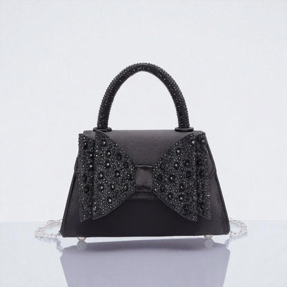 Rhinestone Ribbon Top Handle Satin Flap Bag