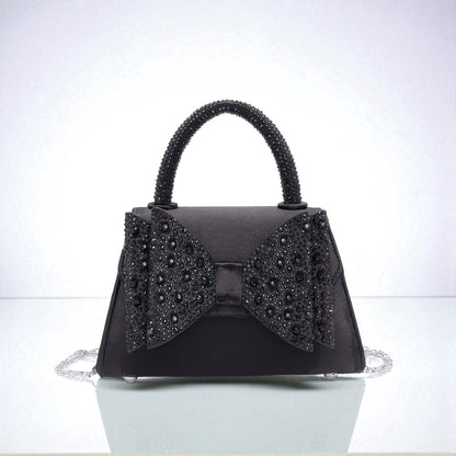 Rhinestone Ribbon Top Handle Satin Flap Bag
