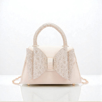 Rhinestone Ribbon Top Handle Satin Flap Bag