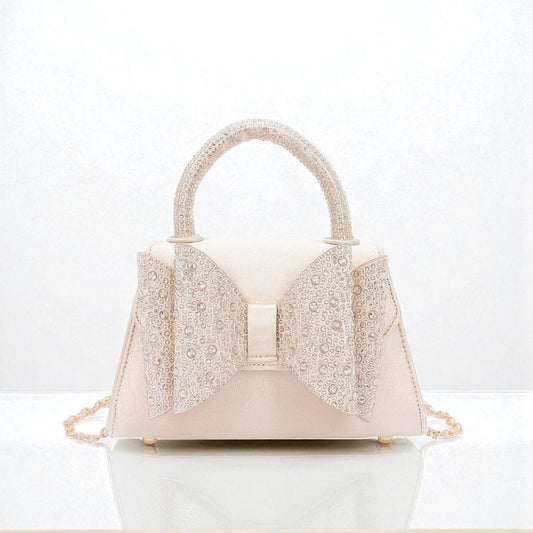 Rhinestone Ribbon Top Handle Satin Flap Bag