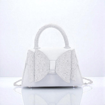 Rhinestone Ribbon Top Handle Satin Flap Bag