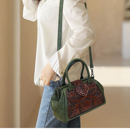 Handmade Carved One-shoulder Women's Leather Bag