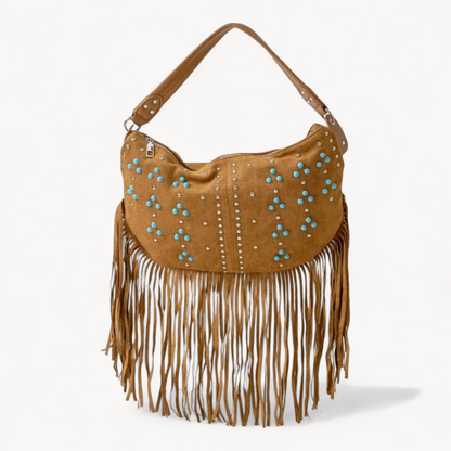 Brown handbag with fringe and turquoise studs on a white background