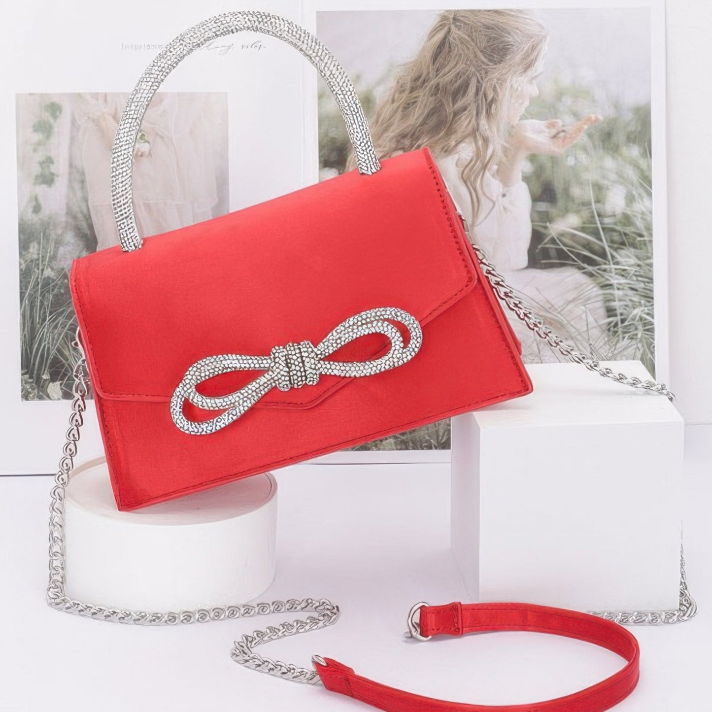 Rhinestone Ribbon Handle Flap Bag