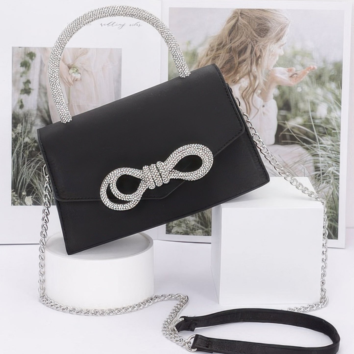 Rhinestone Ribbon Handle Flap Bag