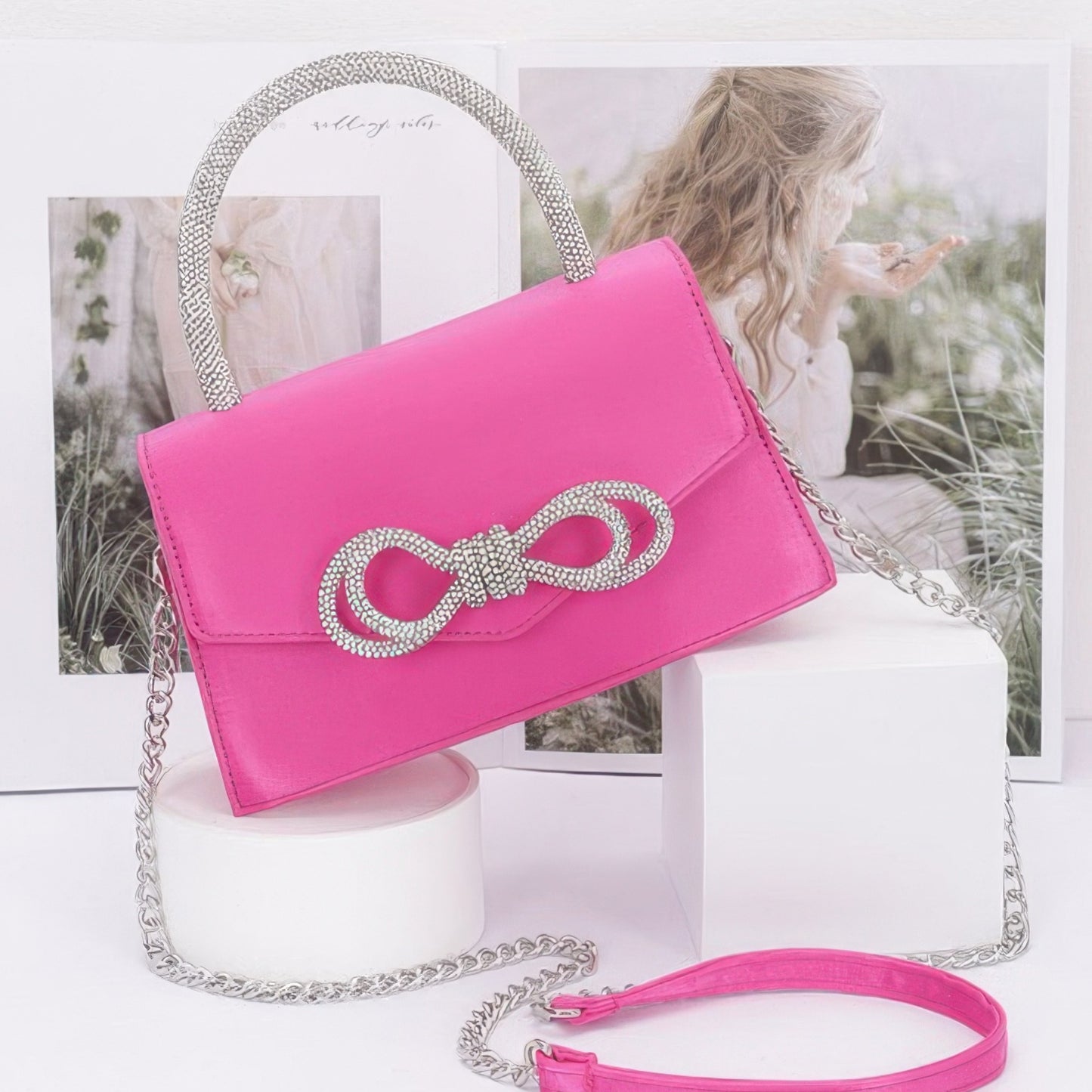 Rhinestone Ribbon Handle Flap Bag