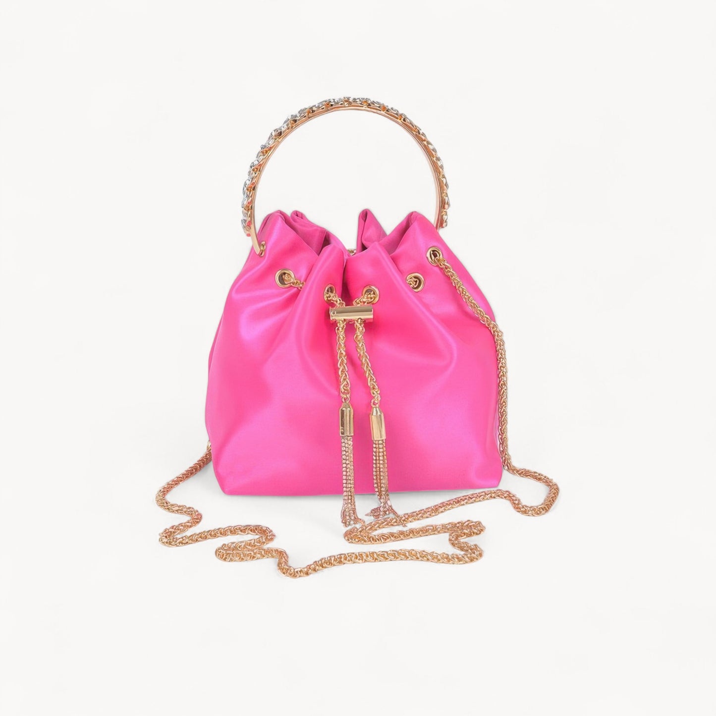 Rhinestone Top Handle Satin Bucket Bag