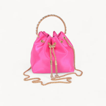 Rhinestone Top Handle Satin Bucket Bag