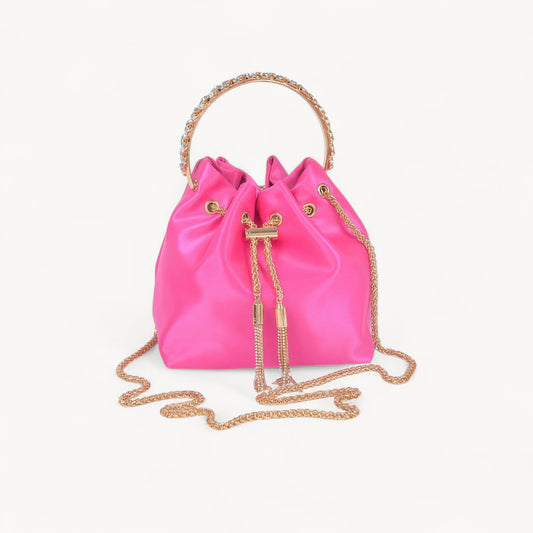 Rhinestone Top Handle Satin Bucket Bag