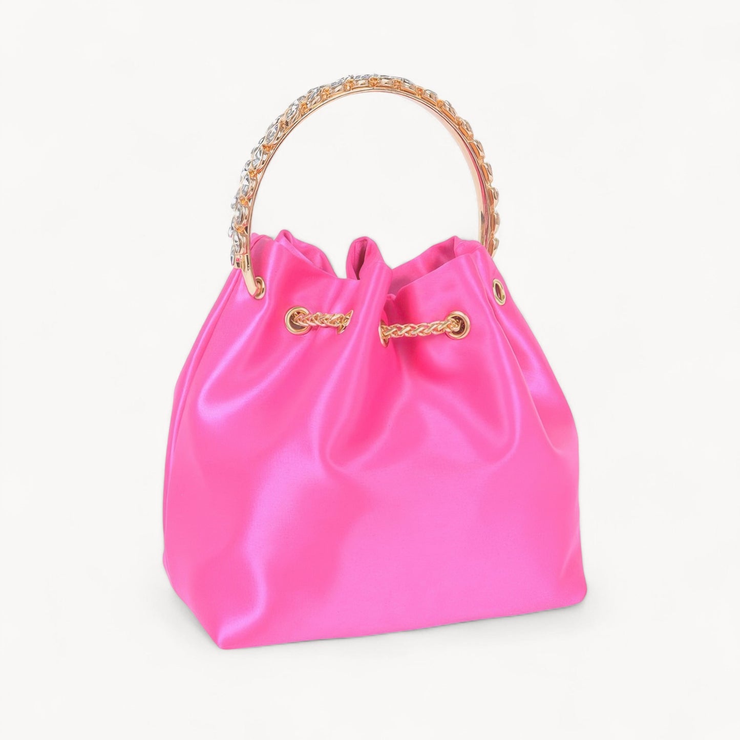 Rhinestone Top Handle Satin Bucket Bag