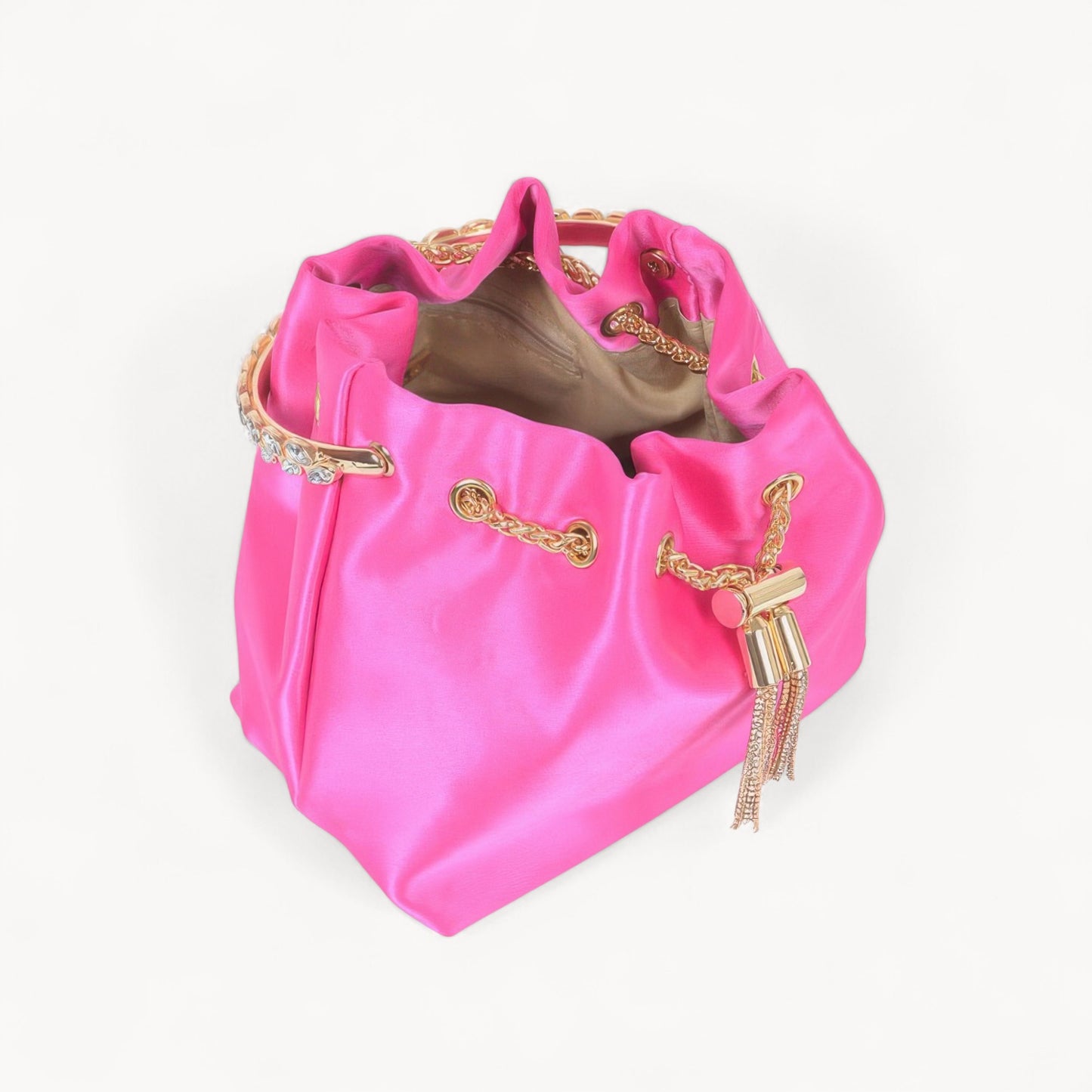 Rhinestone Top Handle Satin Bucket Bag