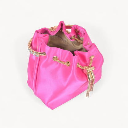 Rhinestone Top Handle Satin Bucket Bag