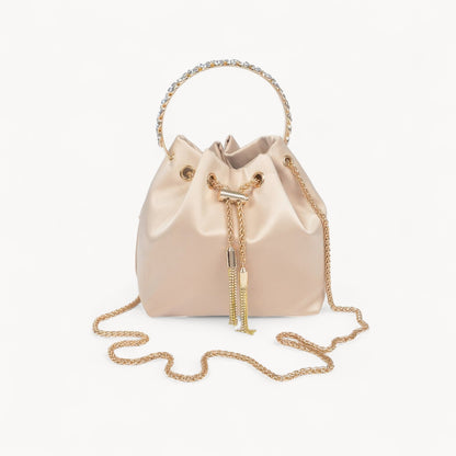 Rhinestone Top Handle Satin Bucket Bag