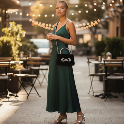 Rhinestone Ribbon Handle Flap Bag