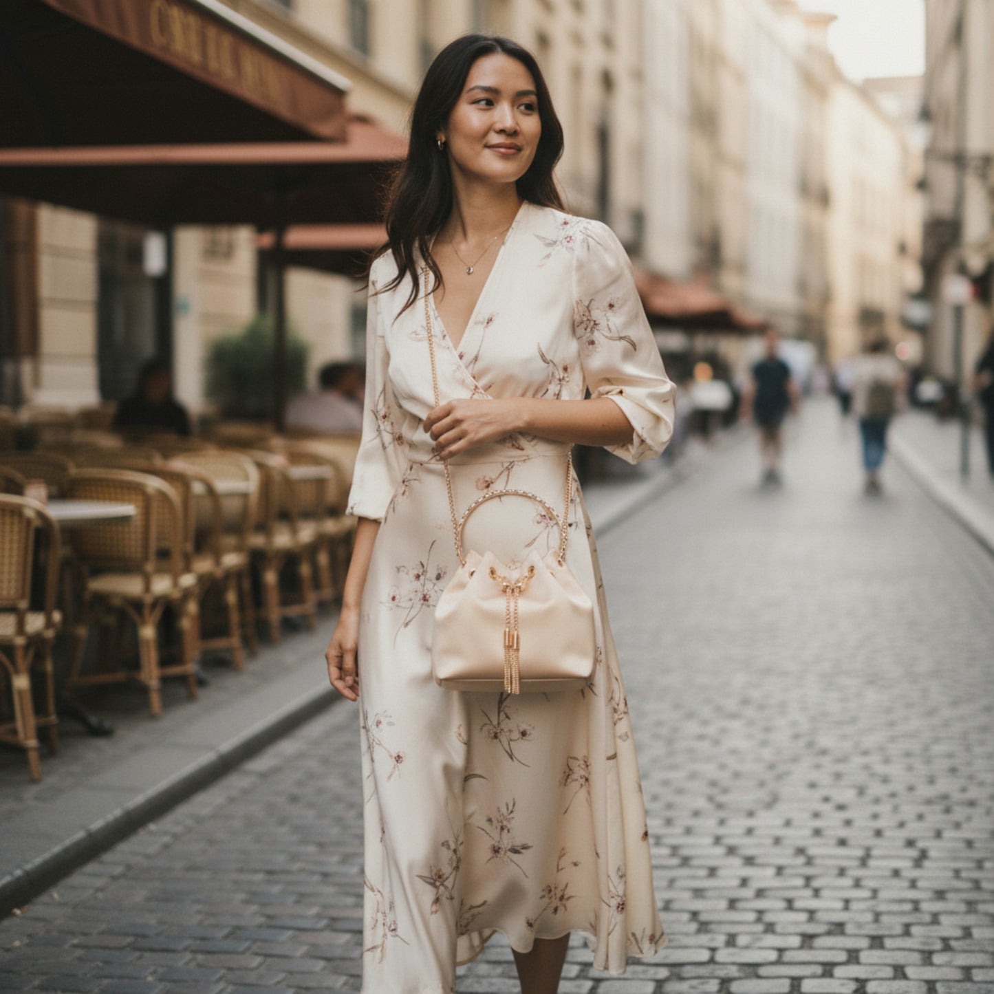 Rhinestone Top Handle Satin Bucket Bag