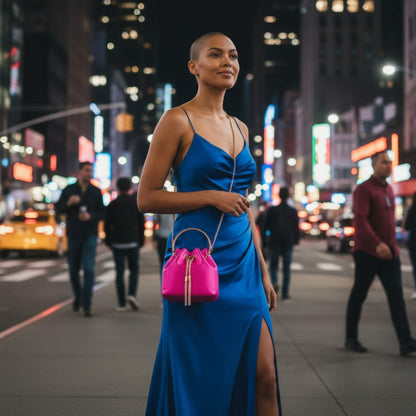 Rhinestone Top Handle Satin Bucket Bag